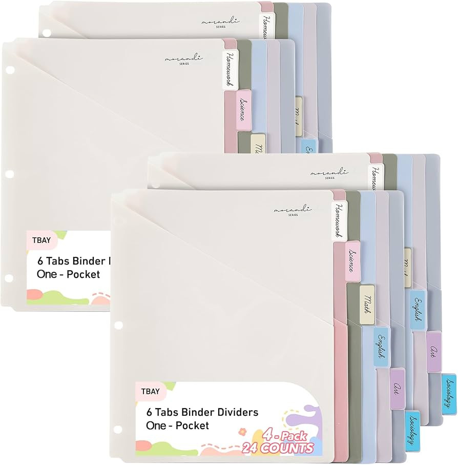 6-Tab Dividers for 3 Ring Binder, 24 Counts Binder Dividers Index with One Pocket, Letter Size 8.... | Amazon (US)