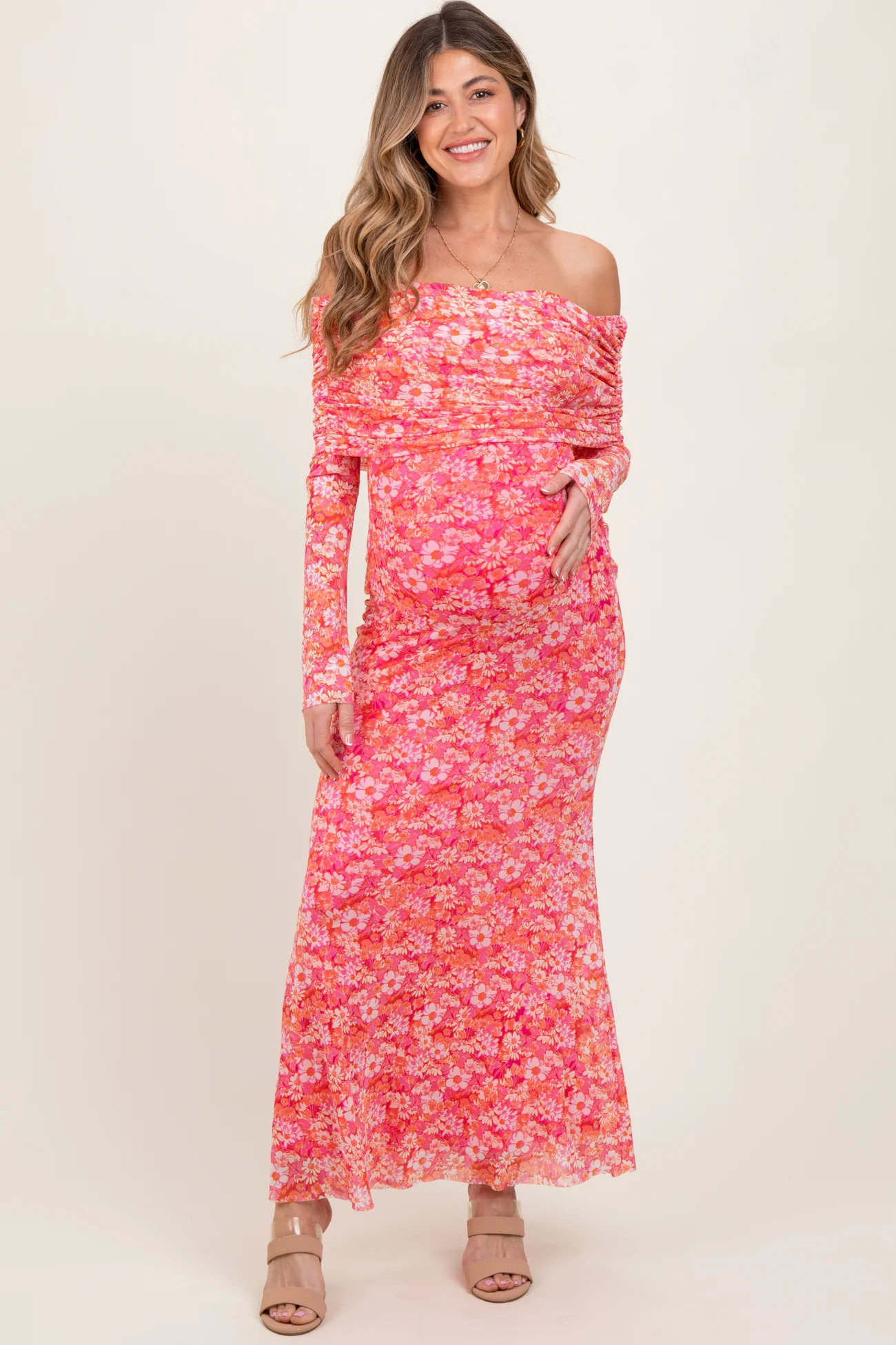 Pink Floral Mesh Off Shoulder Long Sleeve Maternity Maxi Dress | PinkBlush Maternity