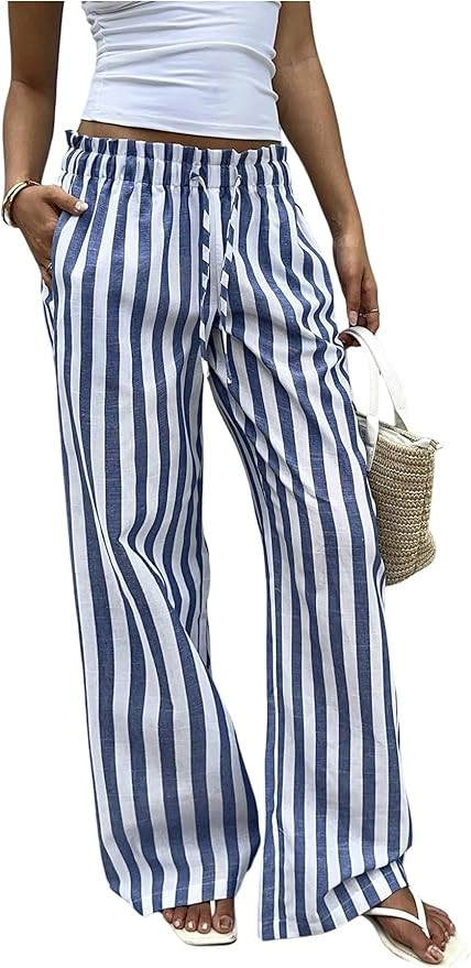 GORGLITTER Women's Striped Wide Leg Pants High Waisted Fall Dressy Casual Palazzo Pants Trousers | Amazon (US)