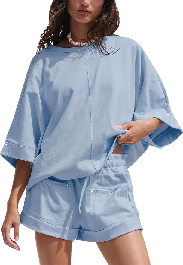 Gnveub Womens 2 Piece Short Sets Oversized Crew Neck Short Sleeve T Shirt Drawstring Shorts Loung... | Amazon (US)