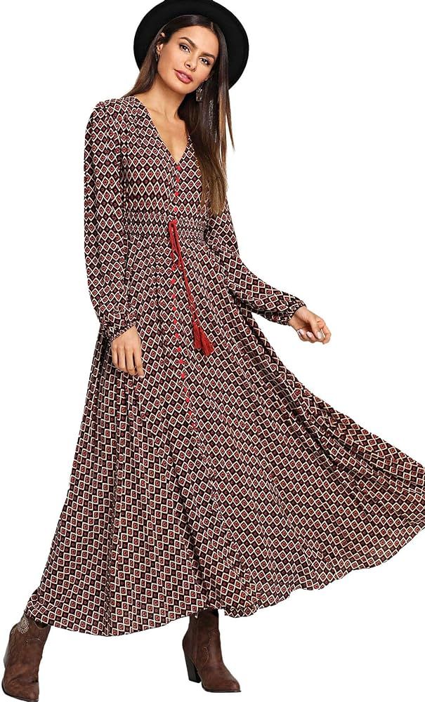 Women's Button Up Split Long Sleeve V Neck Multicolor Flowy Party Maxi Dress | Amazon (US)