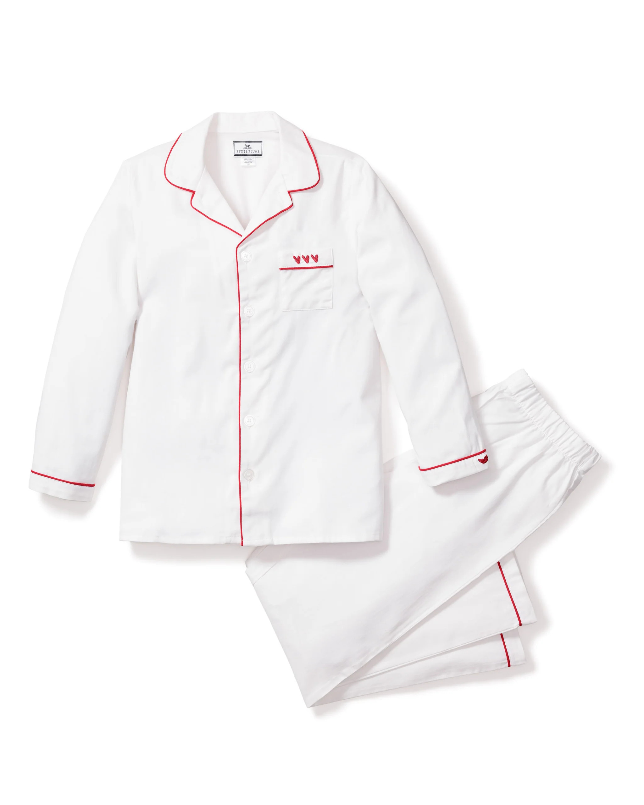 Kid's White Twill Pajama Set with Heart Embroidery | Petite Plume
