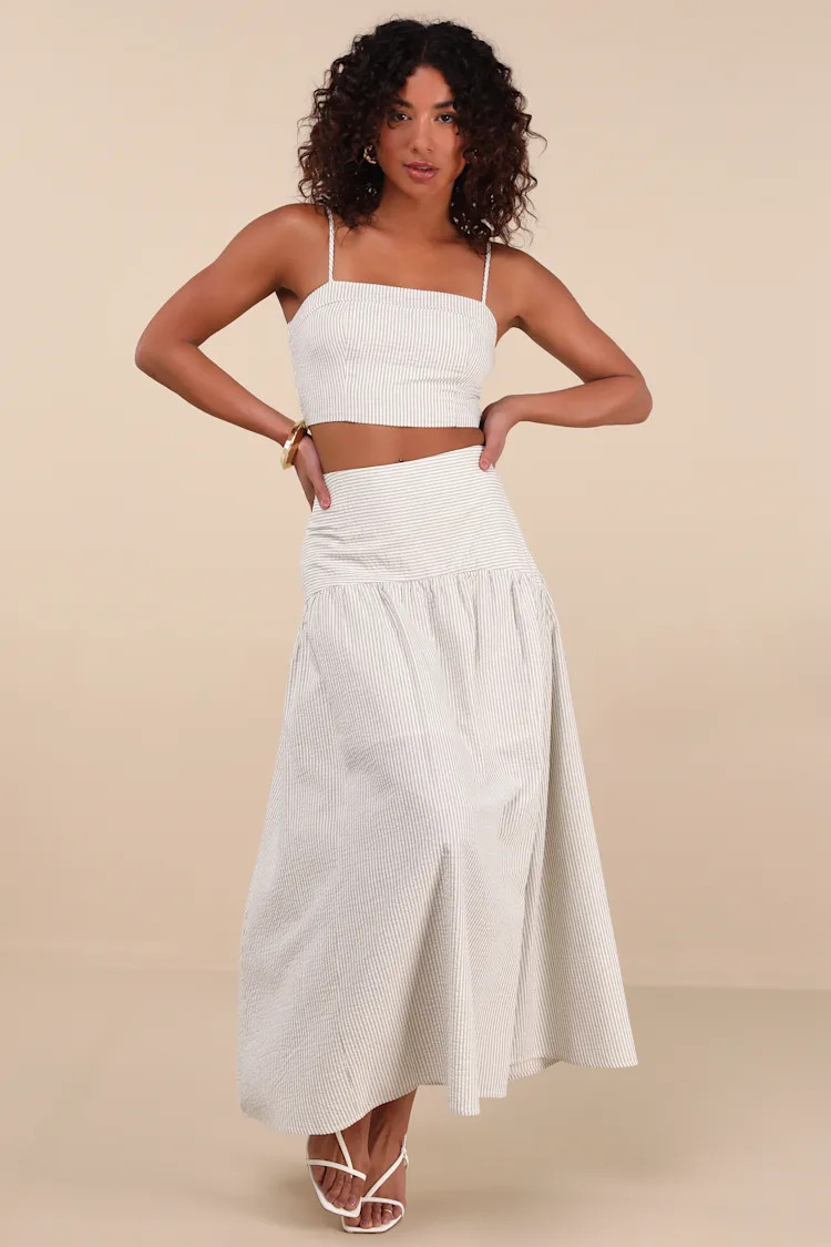 Sabino Beige Striped Drop Waist Two-Piece Midi Dress | Lulus