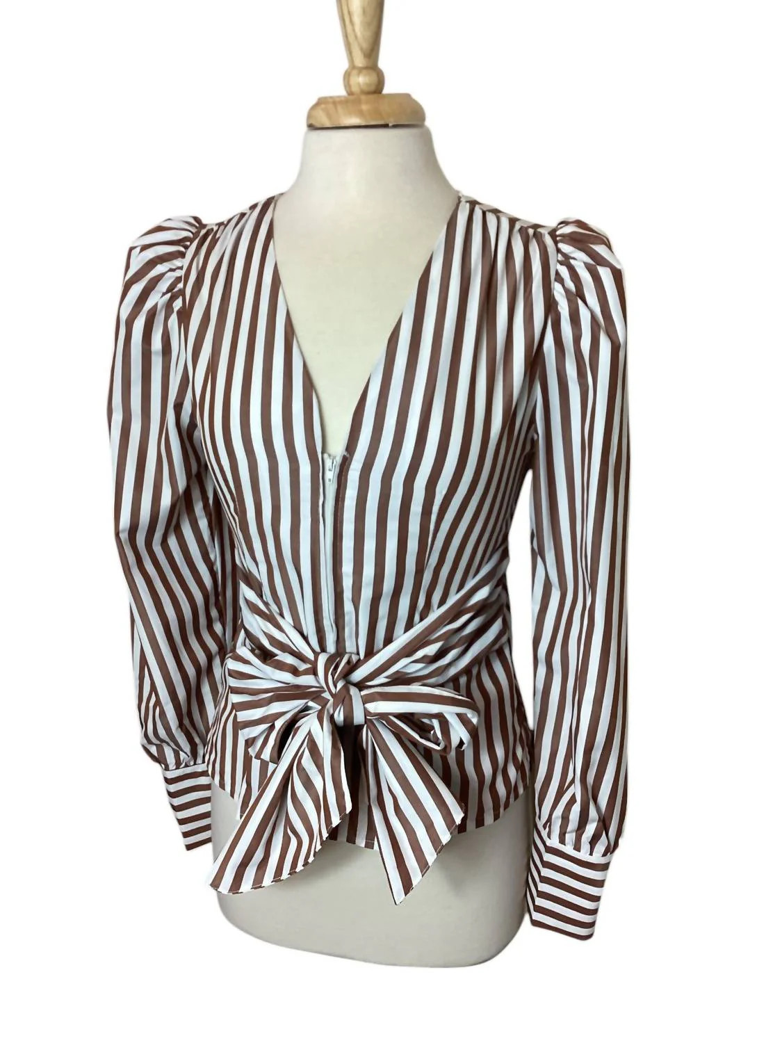 Women's Striped Tie Waist Zip Front Puff Sleeve Blouse In Brown/white | Shop Simon