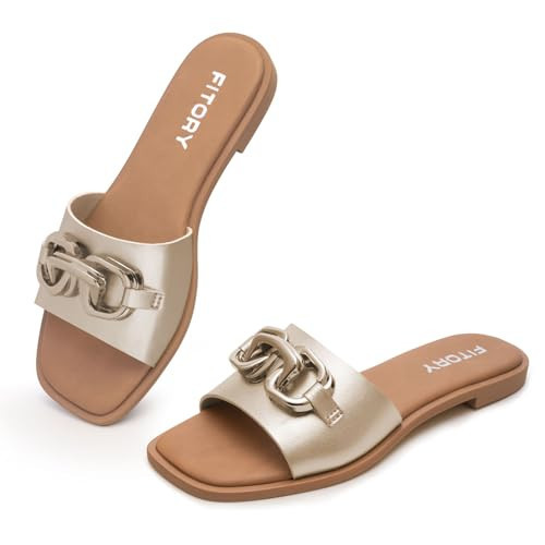 FITORY Women's Flat Sandals Fashion Slides With Soft Leather Slippers for Summer Gold Size 10 | Amazon (US)