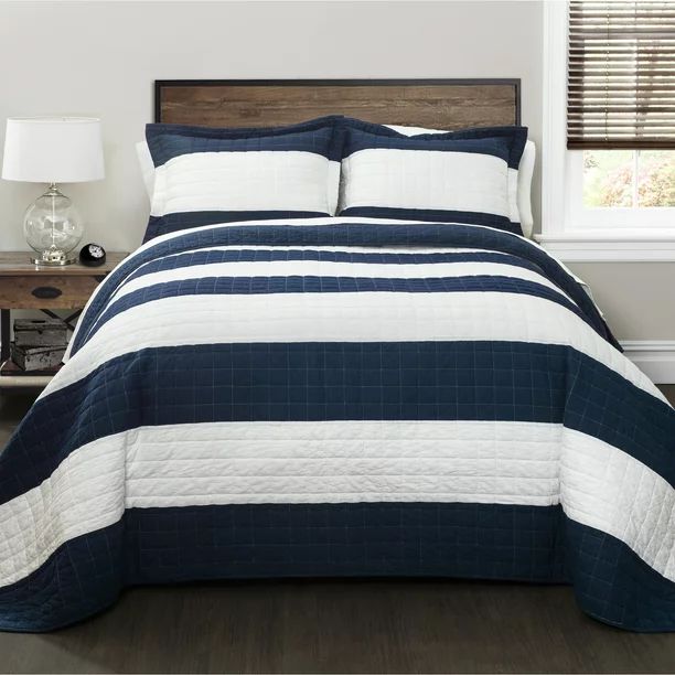 Lush Decor New Berlin Stripe Cotton Quilt, Full/Queen, Navy/White, 3-Pc Set | Walmart (US)