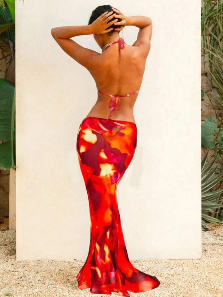 Women Printed Sexy Bikini Set Three-Piece With Straps, Sweet Beach Leisure Resort Swimsuit | SHEIN