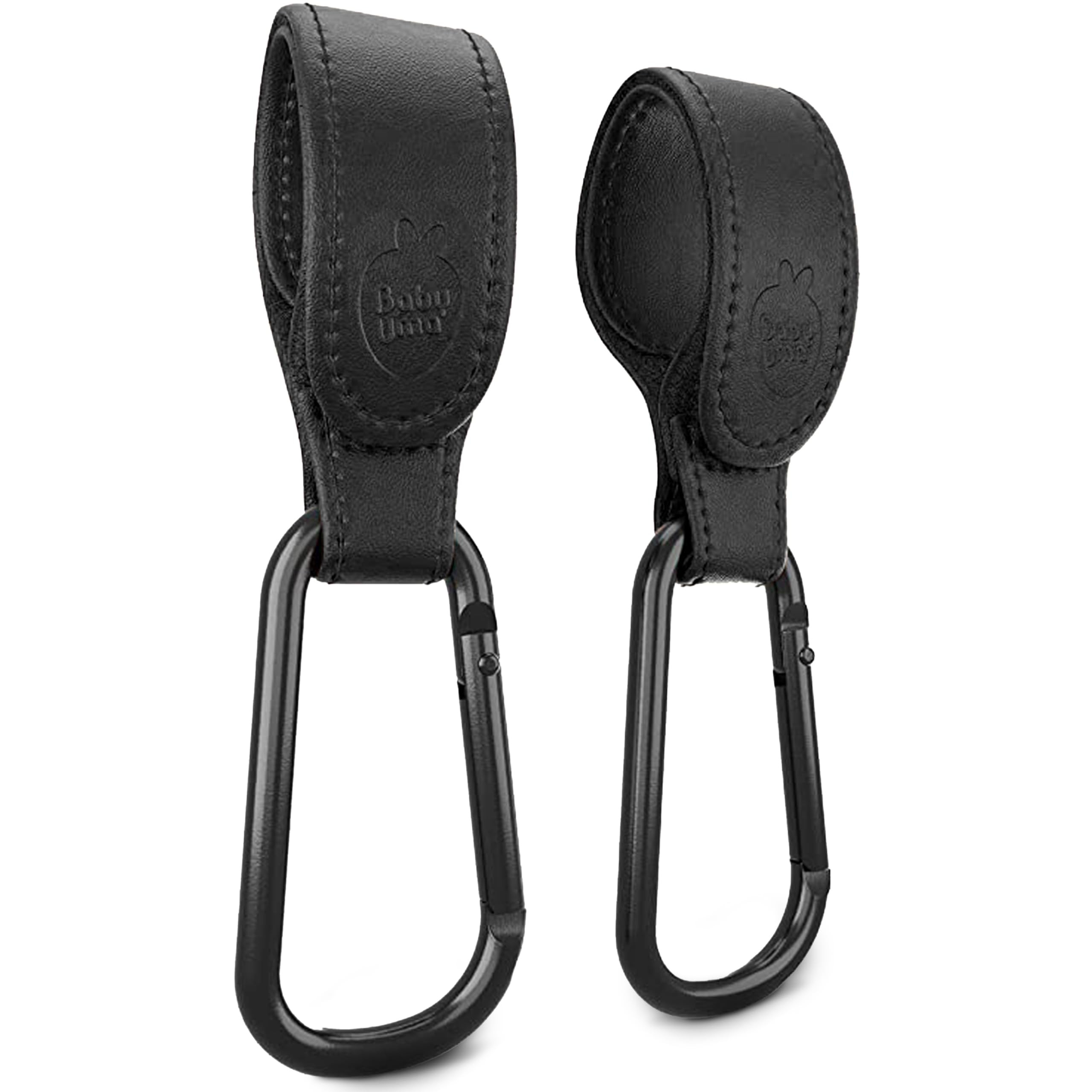 Baby Uma Stroller Hooks for Bags (2 Pack) - Faux-Leather Stroller Clips and Hooks, Universal, 11 lb Weight Capacity per Carabiner, Adjustable & Non-Slip, Baby Travel Essential (Black) | Amazon (US)