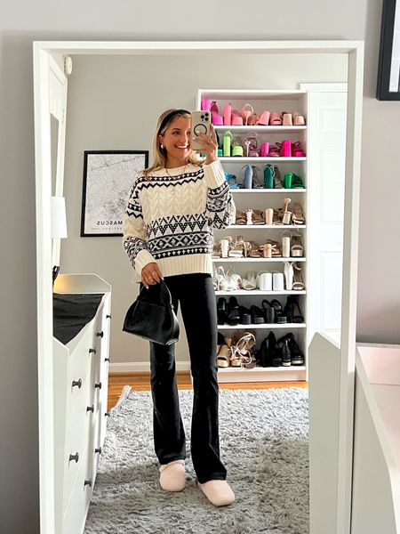 Cozy warm winter outfit idea- love this holiday sweater from American eagle. wearing a size small + the best yoga pants ever on sale right now. In an XS! 

#LTKSeasonal #LTKU #LTKHoliday