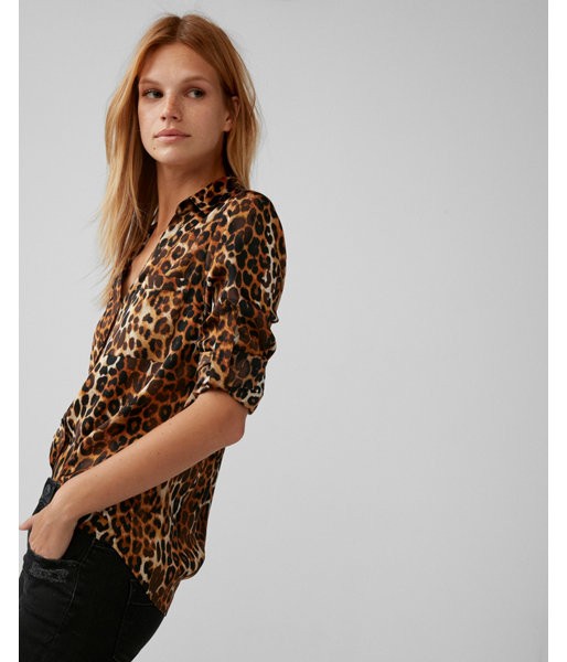 Express Womens Slim Fit Satin Leopard Portofino Shirt | Express
