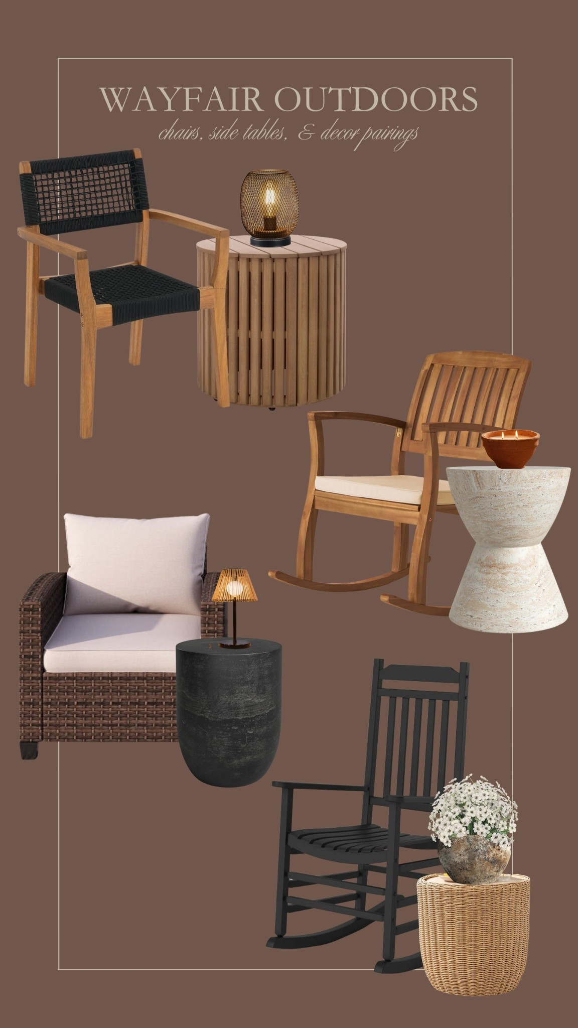 Wayfair outdoor chairs, side tables, and decor! 🤎 Love these for a patio, front porch, or back deck! 

#LTKHome #LTKSeasonal