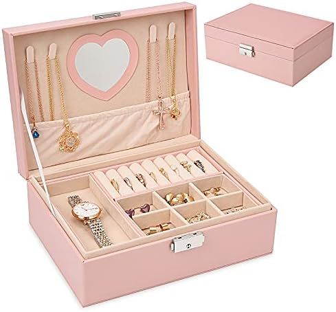 Jewelry Box for Women Girls - 2 Layer Leather Jewelry organizer with Lock Key - Pink Jewelry Stor... | Amazon (US)