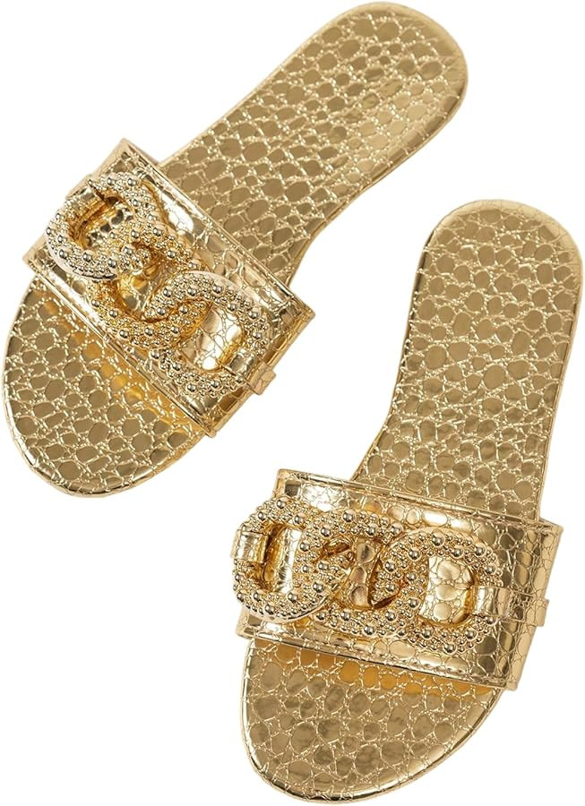 OYOANGLE Women's Gold Chain Crocodile Embossed Sandals Dressy Metallic Flats Open Toe Slides | Amazon (US)