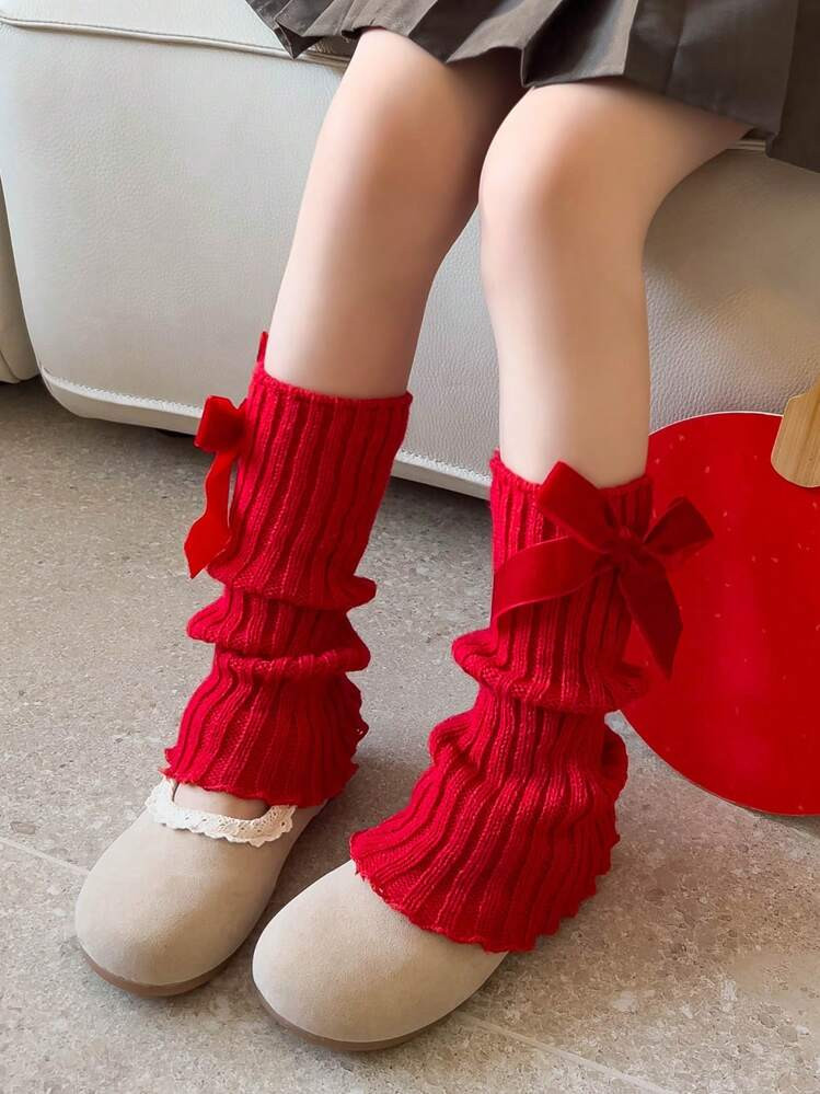 1 Pair Children's Solid Red Bow Knitted Leg Warmers, Cozy And Warm For Girls In Autumn/Winter | SHEIN