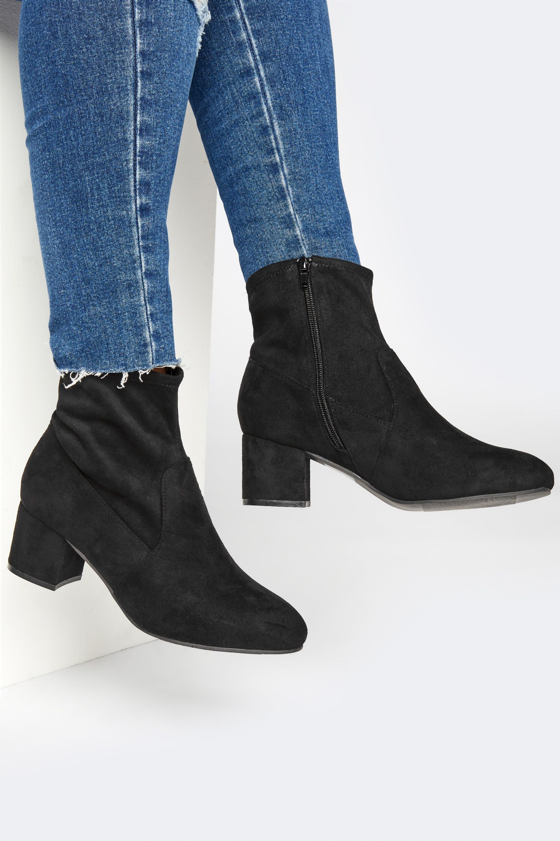 Yours Black Faux Suede Stretch Block Heeled Sock Boots In Wide E Fit & Extra Wide EEE Fit | Long Tall Sally
