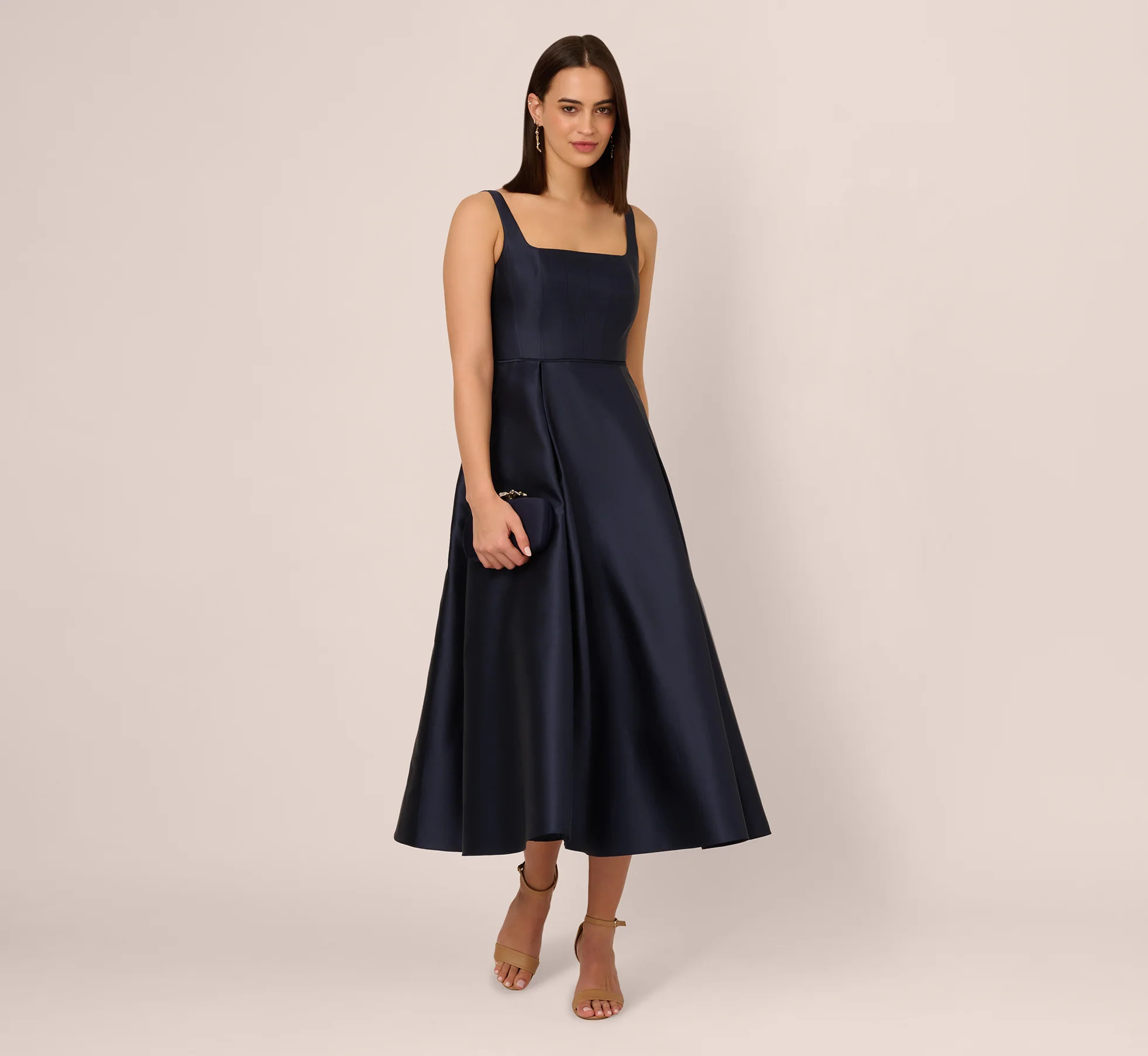 Navy Mikado Sleeveless Square Neck Midi Dress - Adrianna Papell | Adrianna Papell