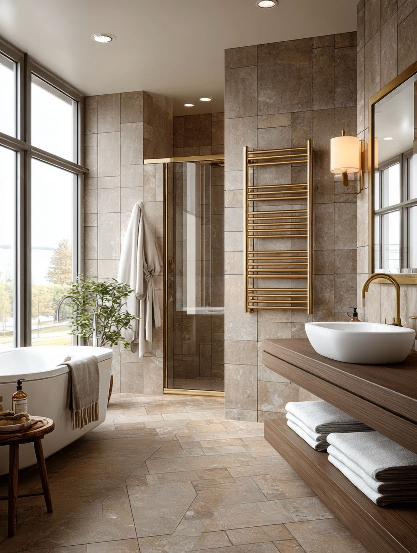 Luxury hotels figured this out years ago.

The bathroom isn't just a functional space. It's part of the experience of the home.

One of the simplest ways to create that elevated feeling is with an oversized gold towel rack. It turns everyday towels into part of the design while adding warmth, elegance, and architectural interest to the room.

Most people focus on vanities, mirrors, and fixtures, yet a statement towel rack quietly transforms the entire space. The vertical scale draws the eye upward, the gold finish adds warmth against stone and tile, and the clean lines create that spa-like atmosphere we all love.

If you have the wall space, don't be afraid to go larger than you think. The impact is worth it.

Pair it with beautiful towels, natural wood tones, and soft layered lighting, and your bathroom instantly feels more like a luxury retreat than an afterthought.

Because modern homes give every room the attention it deserves.

#BathroomDesign #LuxuryBathroom #HomeDecorIdeas #ElegantAndDriven 

 #LTKHome