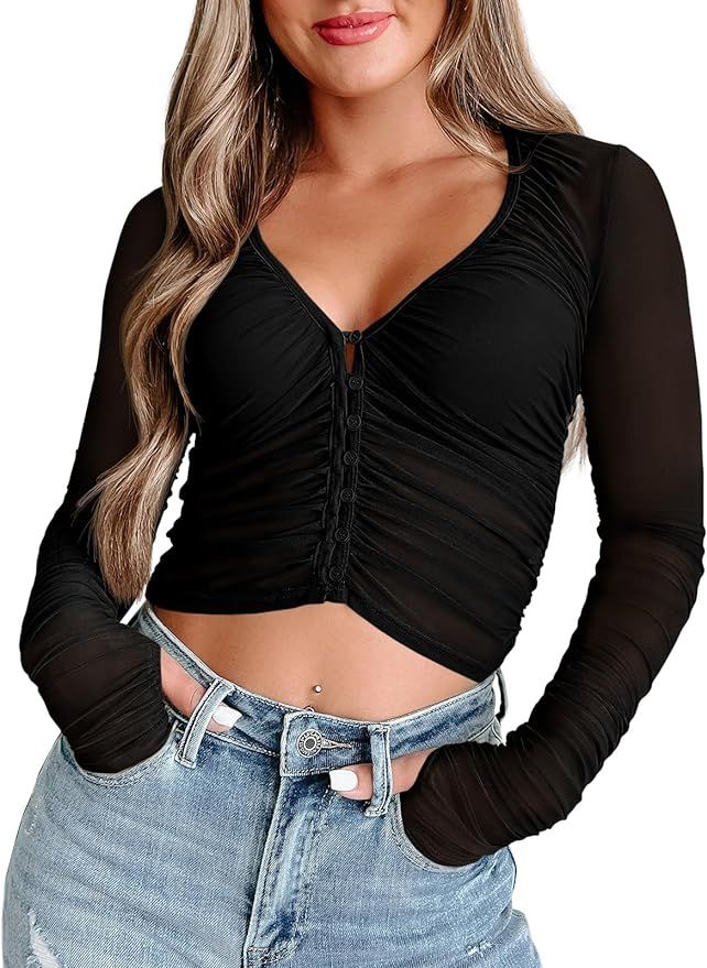 Tankaneo Womens Mesh Sheer Tops Going Out Long Sleeve V Neck Ruched Crop Shirts with Thumb Hole | Amazon (US)