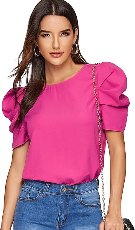 Women's Round Neck Short Puff Sleeve Keyhole Back Blouse Tops | Amazon (US)