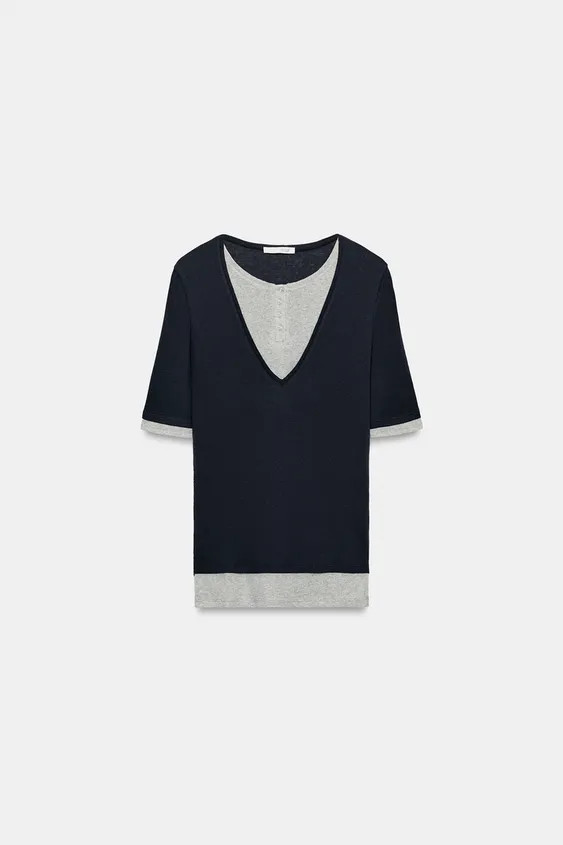 Model height: 173 cmHenley top with elbow-length sleeves and double-layer effect detailing. | Zara UK