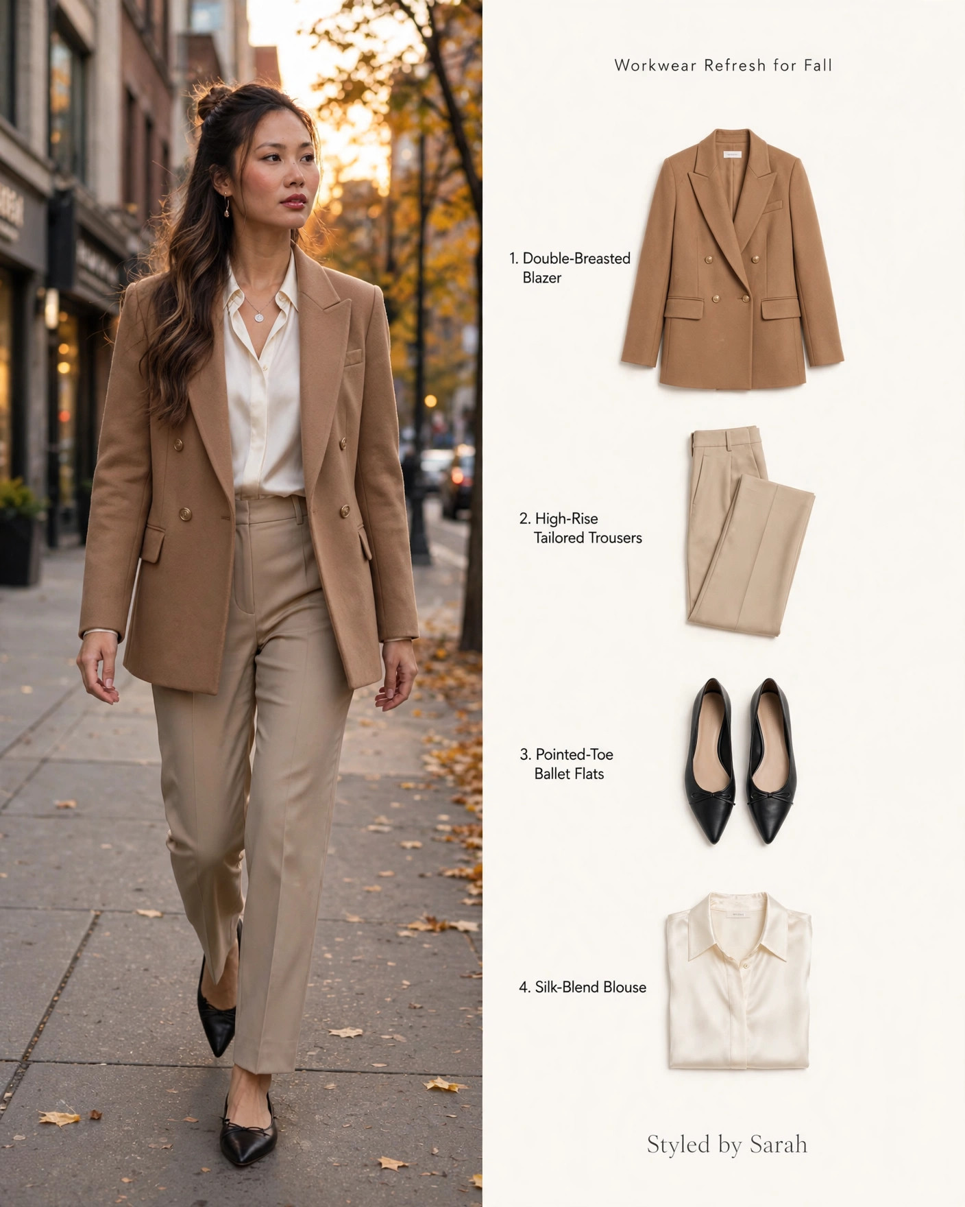 Workwear 💼 Polished office looks — double-breasted blazer, tailored trousers, ballet flats, and silk blouse. #LTKWorkwear #officeoutfits #workstyle 

 
