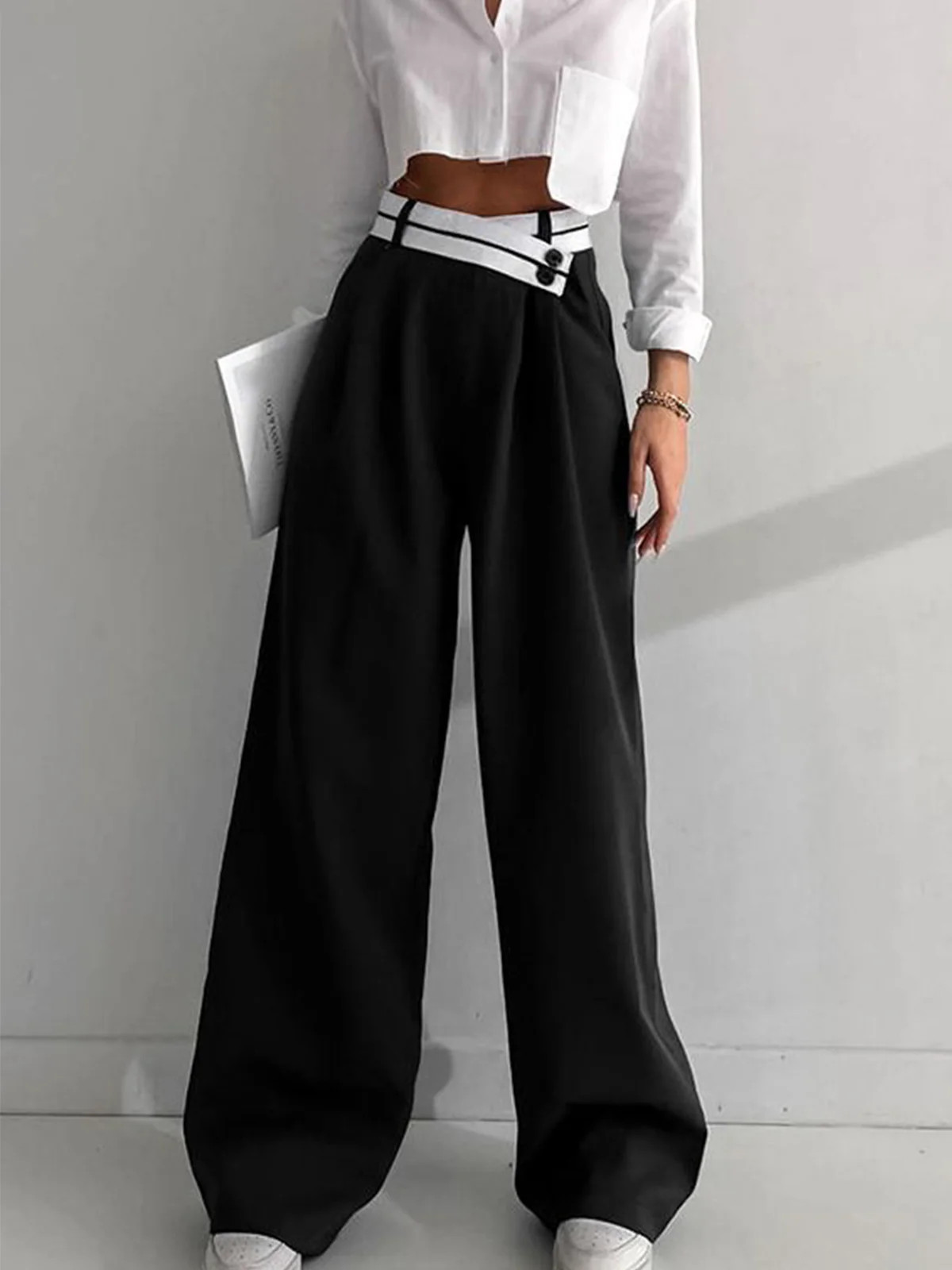 Asymmetrical Contrast Waistband Wide Leg Dress Pants | Commense