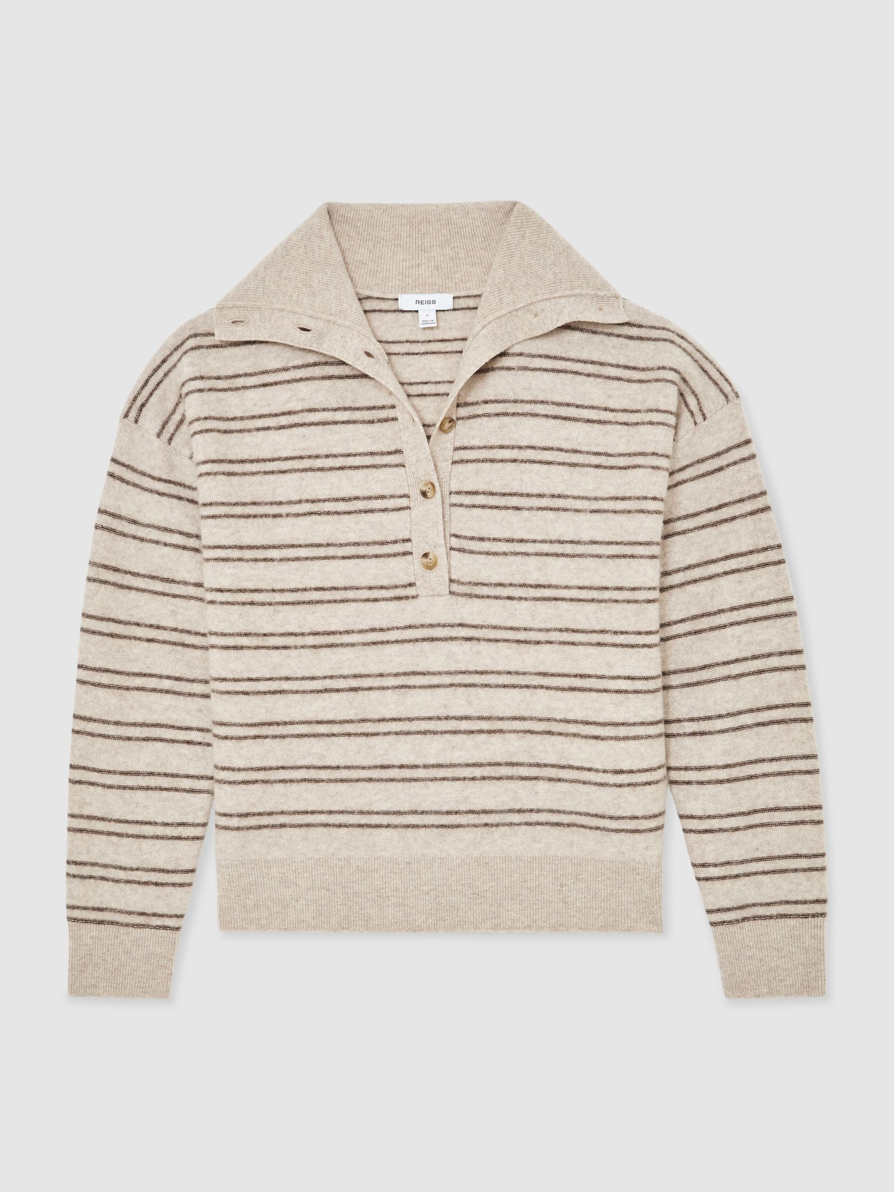 Reiss Wool-Cashmere Stripe Buttoned Jumper in Neutral/Brown - REISS | Reiss UK