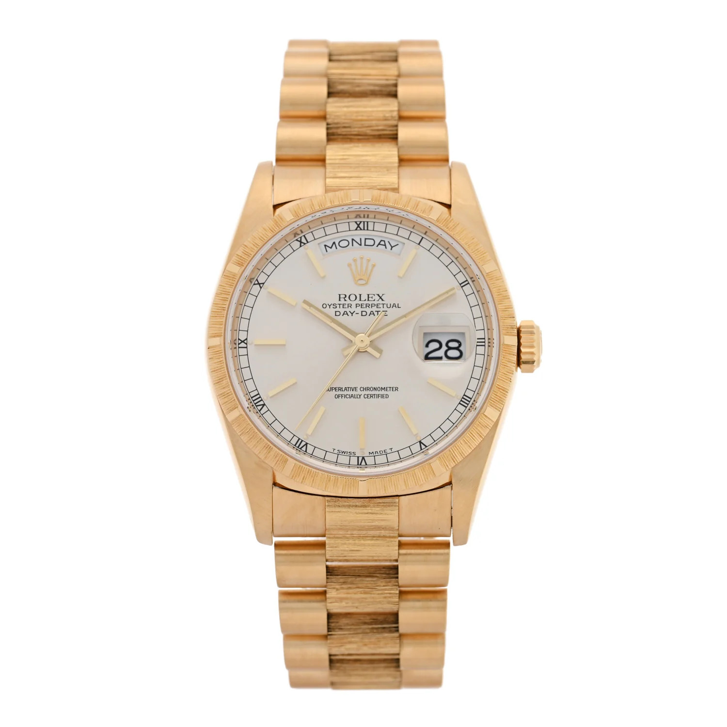 18K Yellow Gold 36mm Oyster Perpetual Day-Date President Watch Silver 18248 | FASHIONPHILE (US)
