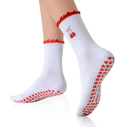 kepiibi Cute Pilates Socks with Gripsfor Women Ruffle Frilly Yoga Socks Non Slip Crew Grippy Sock for Barre Barefoot Workout Hospital Dance | Amazon (US)