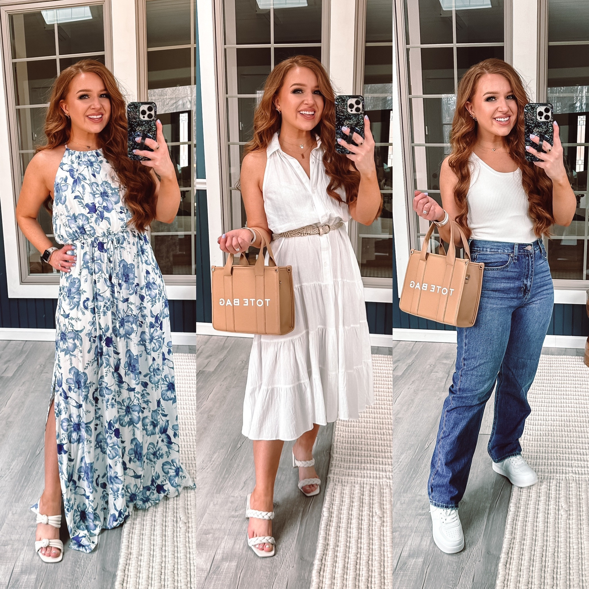 Cute spring fits from red dress boutique! Wearing a size small in both dresses, size 28 jeans and medium bodysuit 