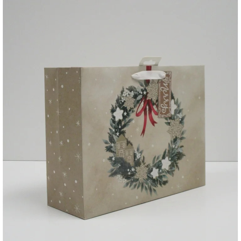 Large Beige Wreath Kraft Christmas Paper Gift Bag, 12.75" x 4.5" x 10", by Holiday Time | Walmart (US)