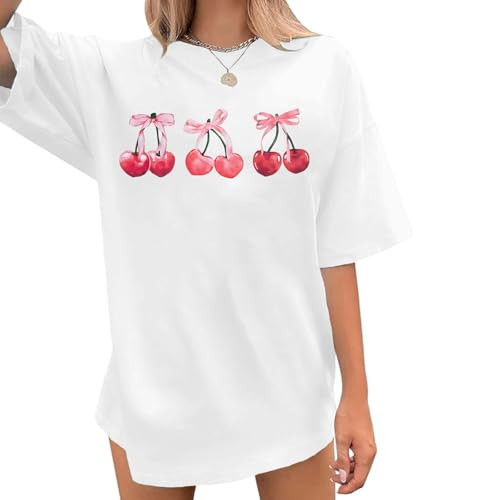 KEEVICI Cute Cherry Pink Bow T Shirts for Women Fruit Coquette Aesthetic Shirt Oversized Tshirts Graphic Tees Cotton Tops(White,M) | Amazon (US)