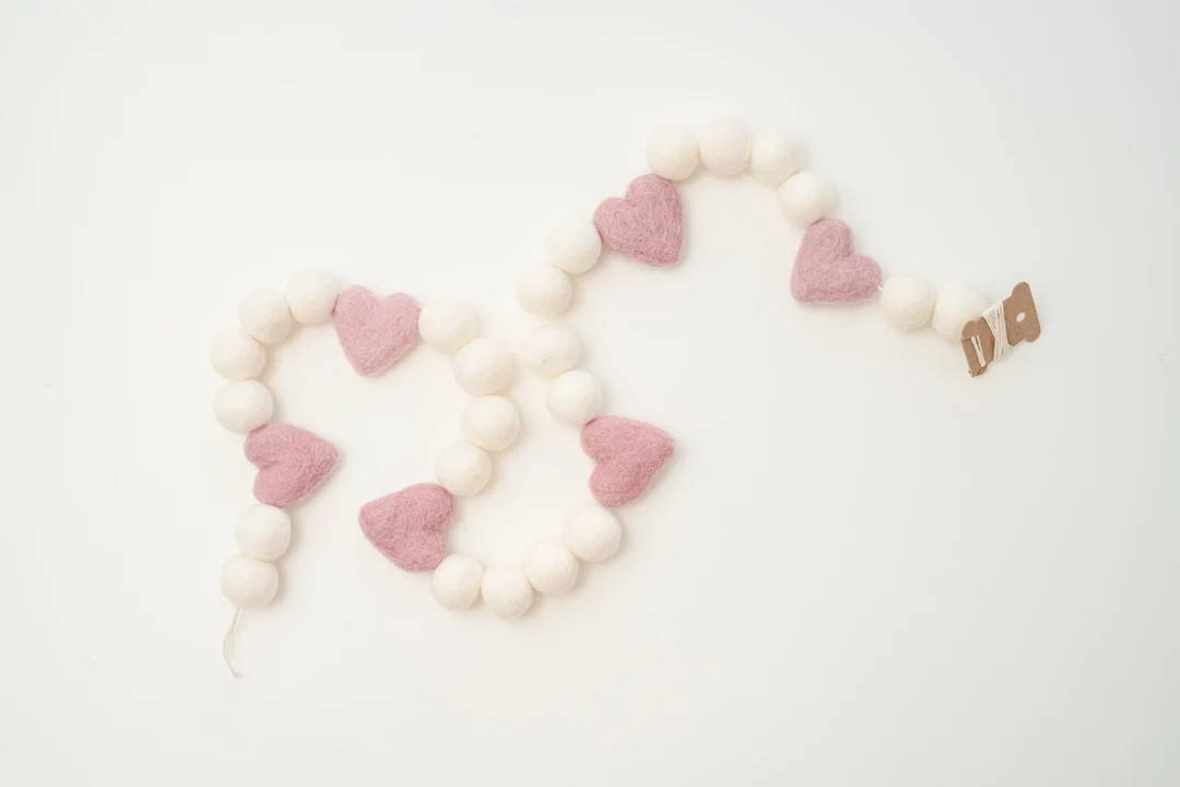 Felt garland, felt ball garland, Valentine's garland, Valentine's decor, felt hearts, pink Valent... | Etsy (US)