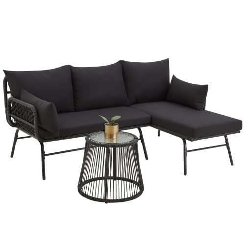 EROMMY 3 Piece Patio Conversation Sets, L-Shaped Sectional Patio Furniture Sofa Set with Thick Cushions and Toughened Glass Coffee Table for Backyard Balcony Garden Porch, Black | Amazon (US)