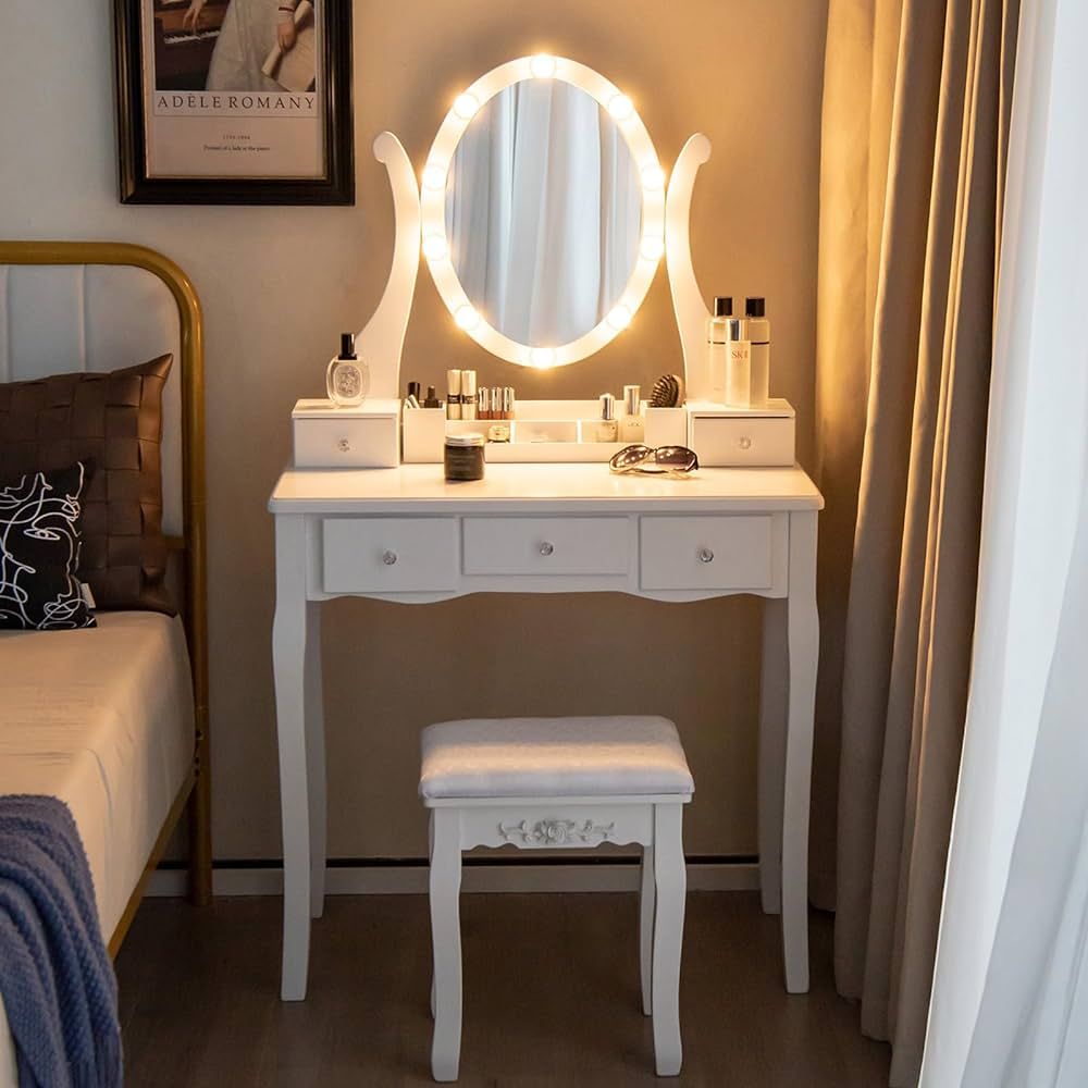 CHARMAID Vanity Desk with Lighted Mirror, Makeup Vanity Table with 10 LED Lights, 3-Color Light S... | Amazon (CA)