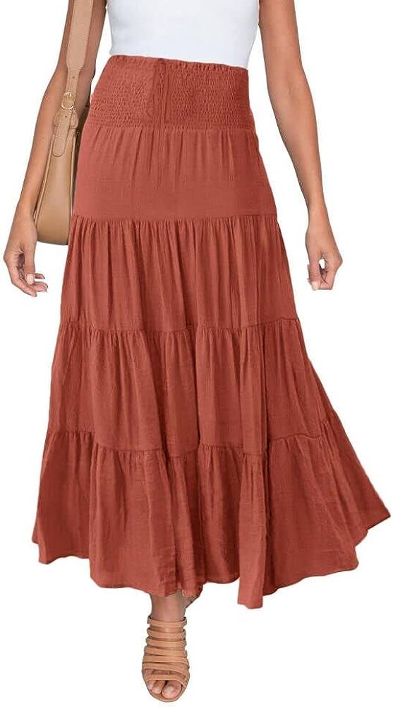 Amazon.com: HAEOF Women's Summer Elastic High Waist Boho Maxi Skirt Casual Drawstring A Line Long... | Amazon (US)