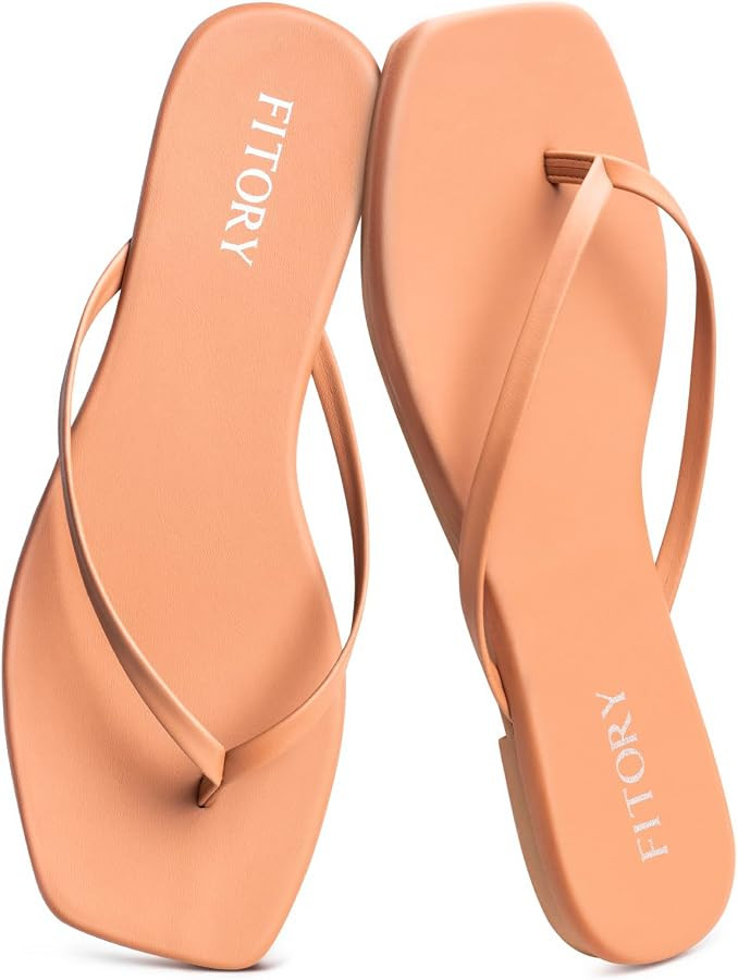 FITORY Womens Flip Flops, Square Open Toe Leather Thong Sandals, Comfortable and Dressy Flat Slid... | Amazon (US)