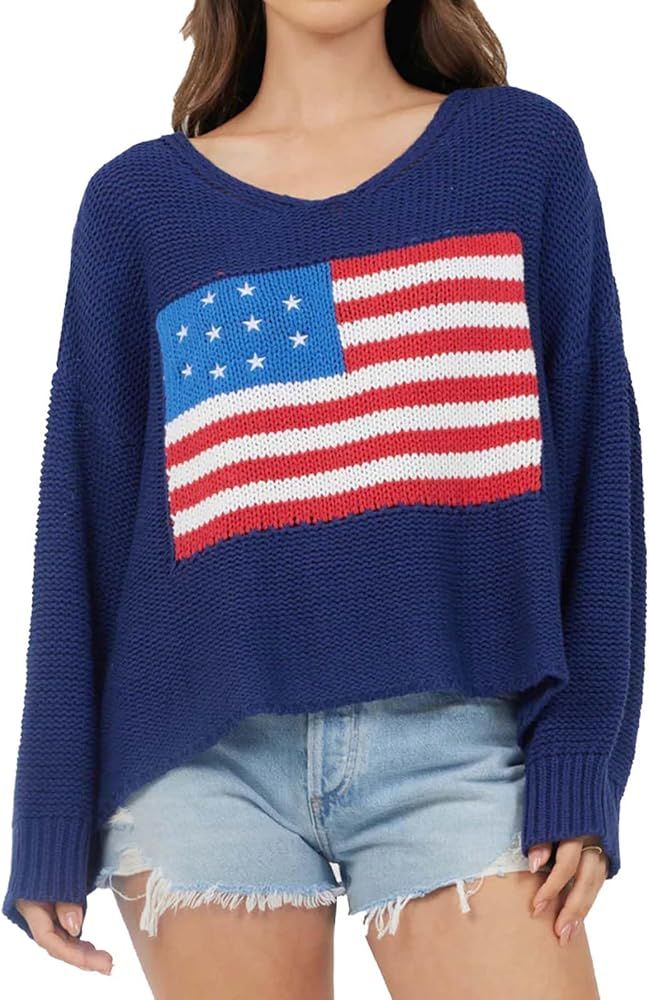 Womens Y2k Vintage Sweater American Flag Long Sleeve Jumper Crew Neck Loose Knit Pullover Preppy ... | Amazon (US)