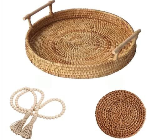 Coffee Table Decorative Tray | Hand Woven, Wicker Serving Tray with Handles | Rattan Tray Basket ... | Amazon (US)