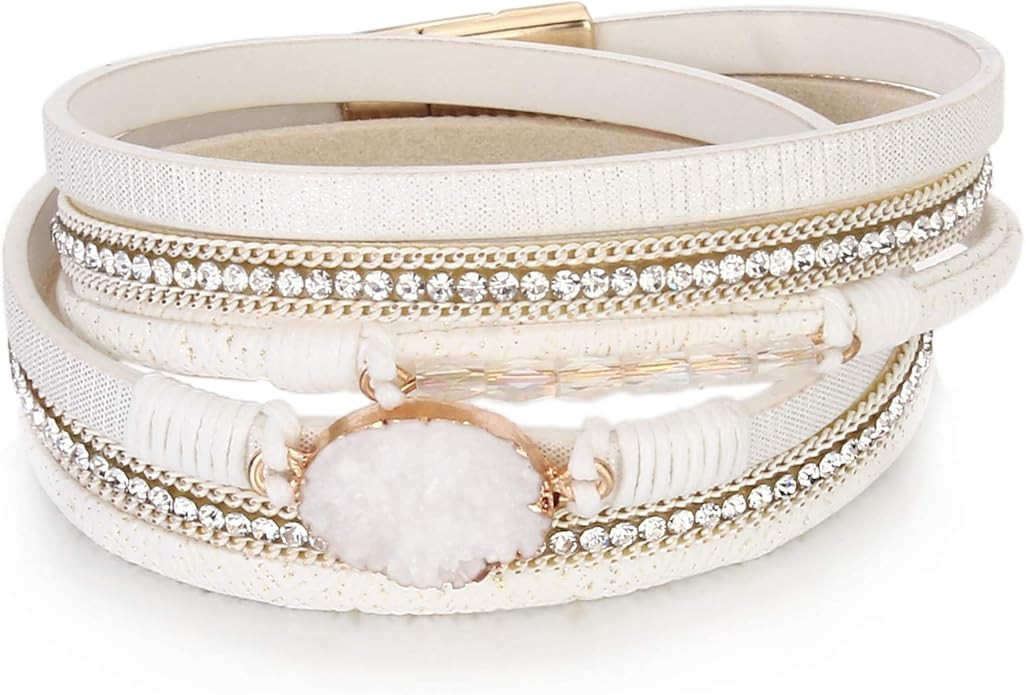 FANCY SHINY Women's Stainless Steel Leather Wrap Bracelet, Boho Cuff Crystal Bead with Magnetic C... | Amazon (US)