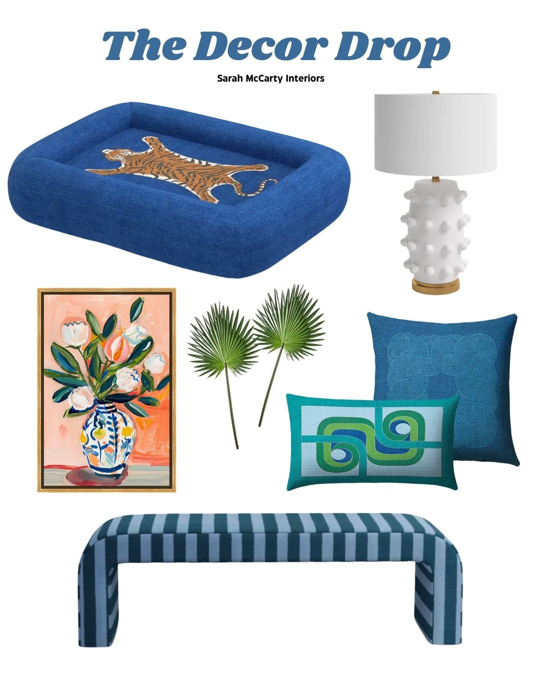 Colorful home decor 💙🌿 Washable dog bed, upholstered striped bench, washable throw pillows by Jonathan Adler, chinoiserie art, faux palm stems, textured lamp

#LTKSaleAlert #LTKStyleTip #LTKHome