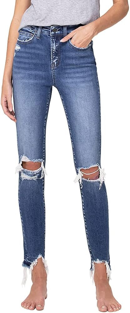 Flying Monkey Skinny Jeans High-Rise Blue Distressed Knee Hem | Amazon (US)