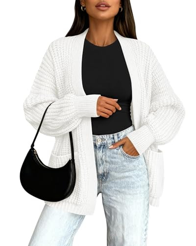 BTFBM Cardigan Sweaters for Women 2025 Fall Fashion Casual Long Sleeve Oversized Open Front Knit Cardigans Jacket Coat(White,Small) | Amazon (US)