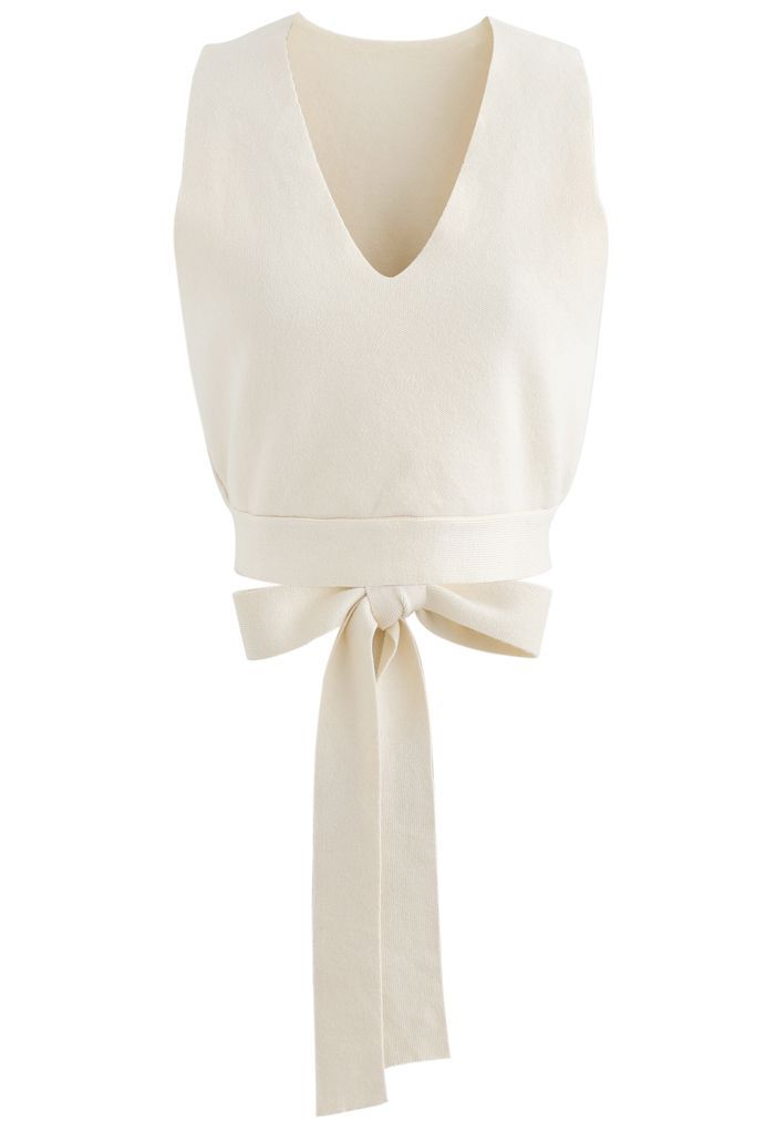Bowknot Back V-Neck Crop Knit Vest in Cream | Chicwish