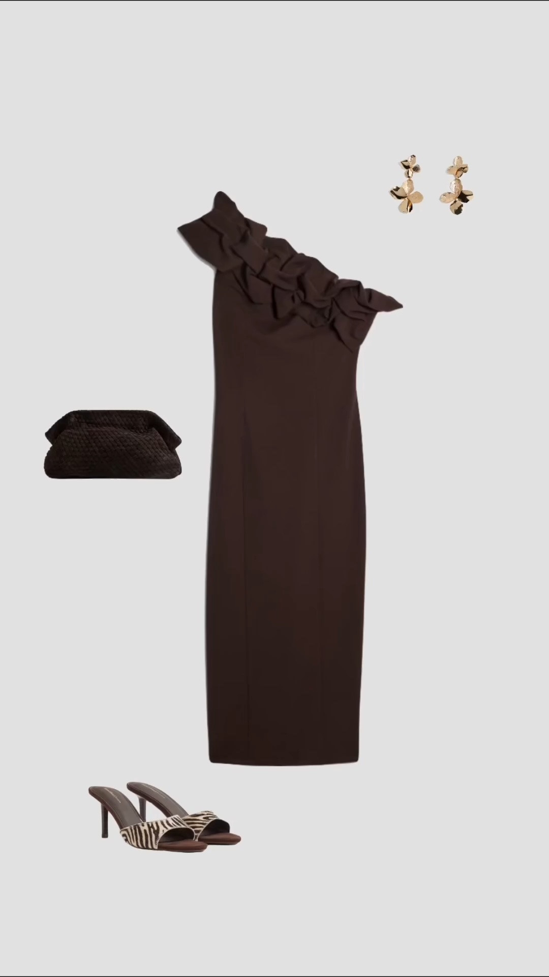 Chocolate Brown Ruffle Midi Dress, Clutch Bag & Zebra Mule Heels Autumn Wedding Guest Outfit 🤎

• fall wedding guest dresses September wedding guest dress October wedding evening outfits partywear party dress date night outfits animal print heels uk 2026 outfits womens dress •

#LTKuk #LTKautumn #LTKwedding