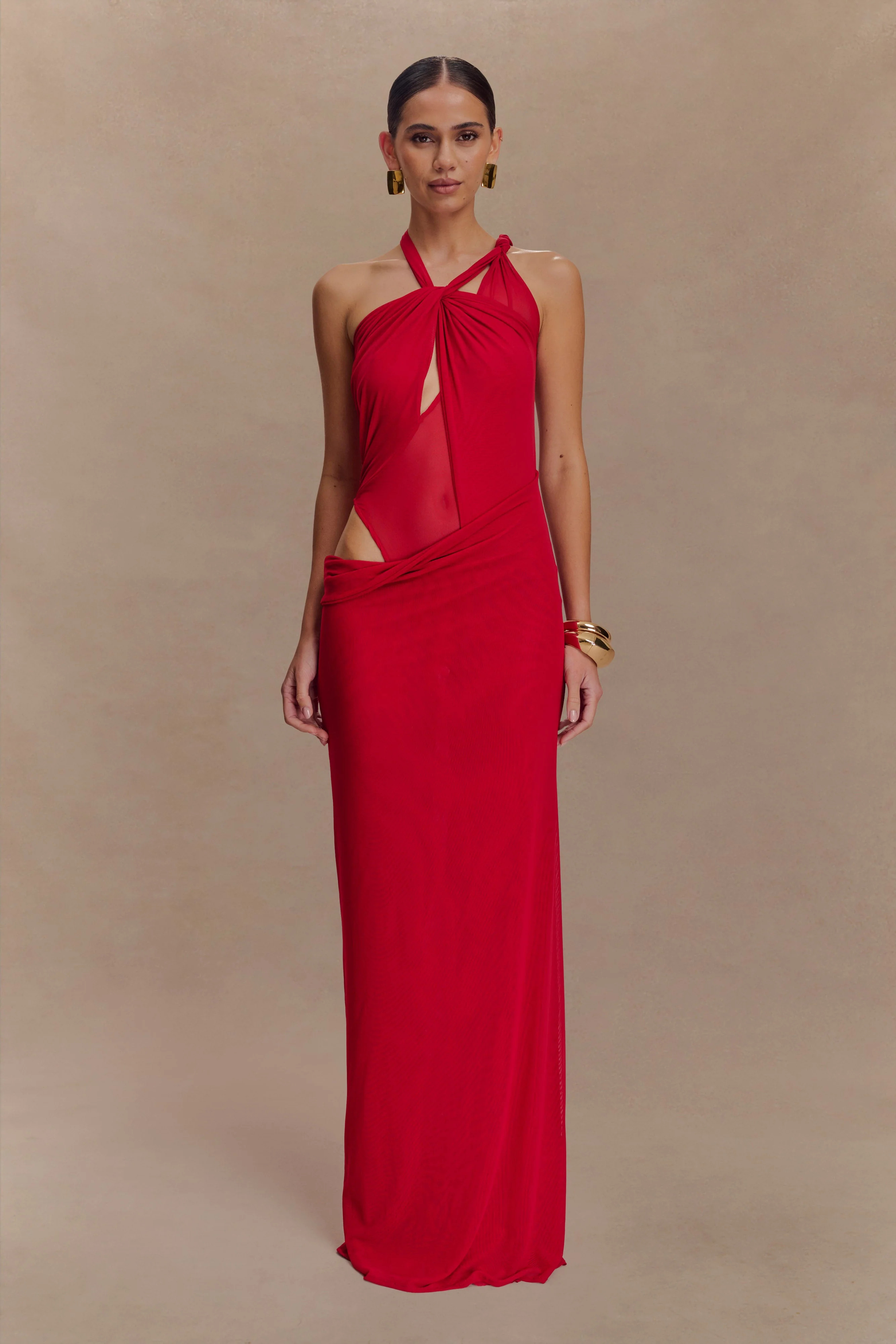 Knotted Mesh Maxi Dress - Red | MESHKI US