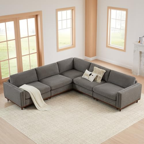 CHITA Super Large Luxury V Shape Corner Sectional Modular Sofa Set, Down Filled Modern Sofa, Deep Seat Cloud Couch, 114 inch Width, 5 Seat Couch with Chaise, Solid Wood Leg, Grey | Amazon (US)