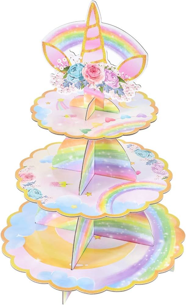 Amazon.com: Unicorn Cupcake Stand - Unicorn Birthday Party Decorations for Girls Kids 3-Tier Card... | Amazon (US)