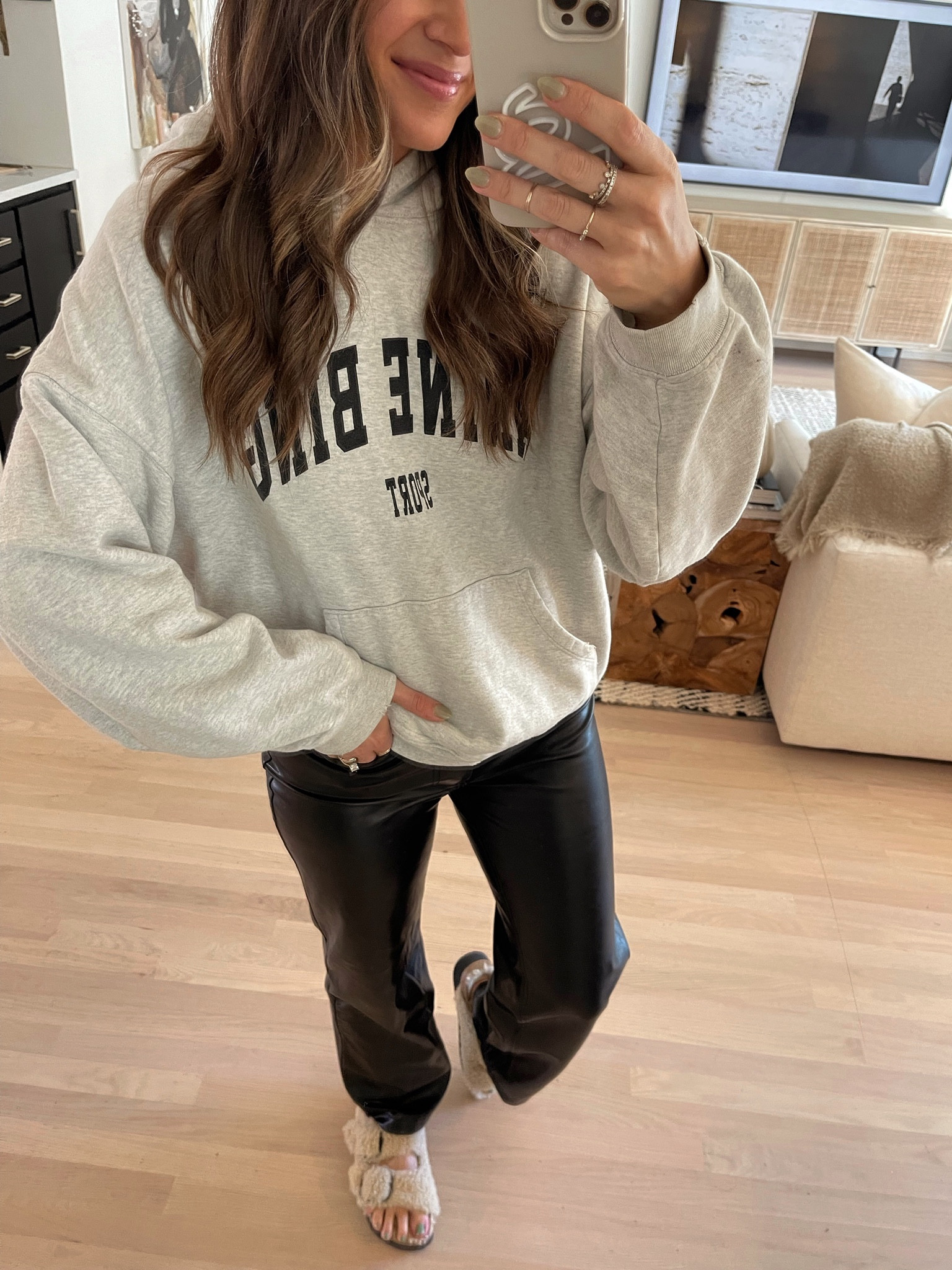 Styling the vegan leather straight pants a few ways! I got my true size in the regular length. Wearing a S hoodie. Birks fit TTS. // fall outfit, fall outfits, fall style, fall trends, fall outfit inspo, leather pants outfit