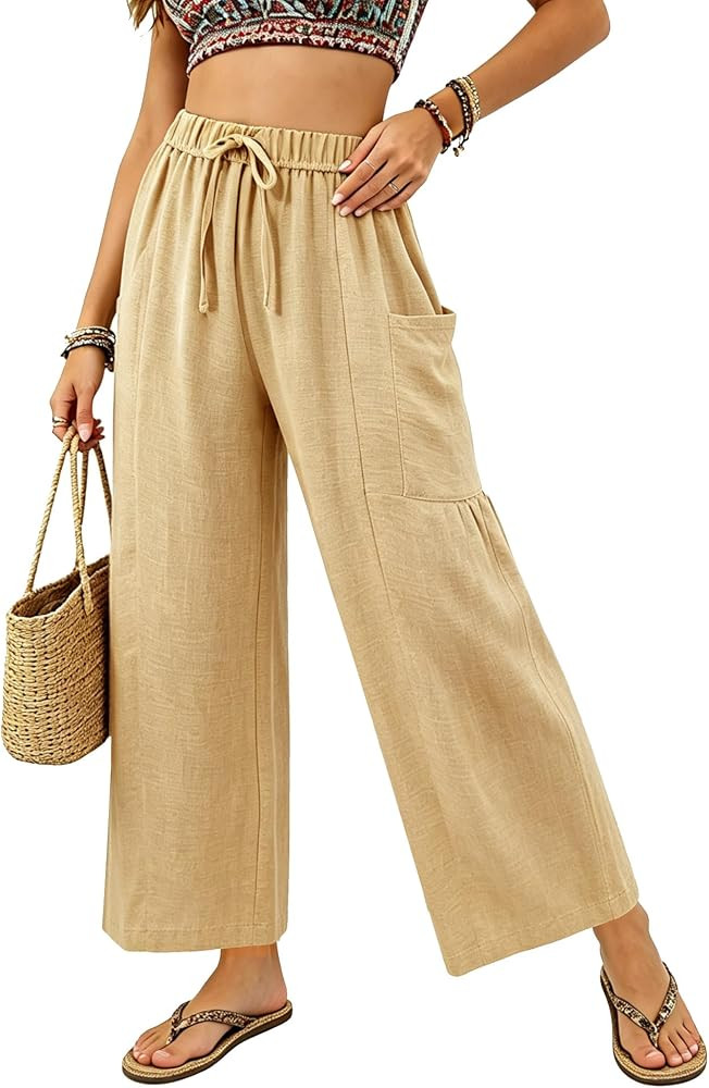 Womens Wide Leg Cropped Pants Drawstring Casual Palazzo Pants Loose Flowy Lounge Trousers with Pockets | Amazon (US)